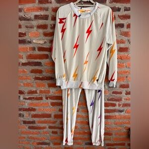 SET!Aviator Nation Cream Lounge Set with Red, Orange, and Purple Lightning Bolts